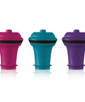 Three Pack Vacuum Wine Stoppers Set For All Bottle Sizes Reusable Rubber Cork Alternative, pink, blue, purple stoppers displayed.