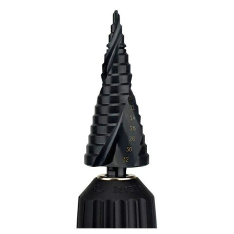 Heavy Duty 3 Piece Coated Cone Spiral Step Drill Bit Set With Triangle Shank For Metal Drilling And Hole Sawing Kits Ranging From 4 To 32 Mm Perfect Pro Grade Power Tools, black coated step drill bit showing 4-32 mm markings