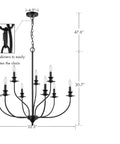 Modern Farmhouse Candle Style Dining Room Chandelier in Black Metal 32 Inch Two Tier Canopy Sturdy Industrial Fixture with dimensions.