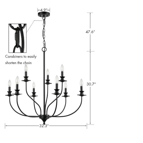Modern Farmhouse Candle Style Dining Room Chandelier in Black Metal 32 Inch Two Tier Canopy Sturdy Industrial Fixture with dimensions.