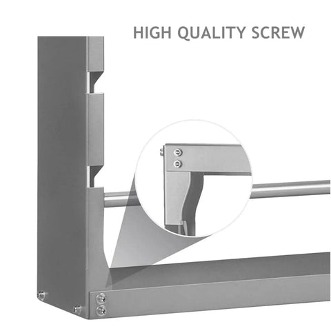 Close-up of high-quality screw and bracket detail on wall mounted wire spool rack with four adjustable rods, heavy duty steel cable dispenser.