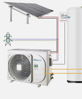 Whole House Split Solar Water Heater With 75 Gallon Workhorse Tank And Integrated Controller showing solar panel, heat exchanger, and storage tank.