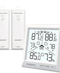 Indoor Outdoor Thermometer With Wireless Sensors And Backlit Display, showing dual temperature and humidity readings, two sensors visible.