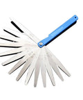 Top Shelf Feeler Gauge Set With Rock Solid Stainless Steel Blades open fan design with blue handle for precise gap measurements.