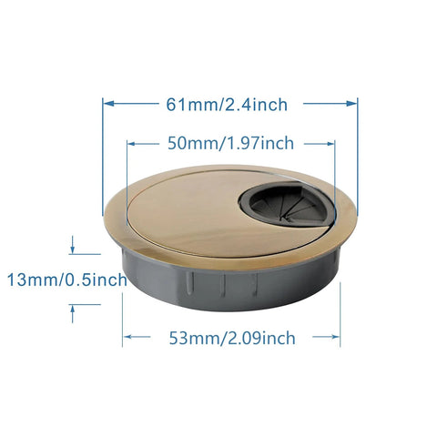 Zinc Alloy Desk Grommet For Wire Organization And Cable Management, 53mm Hole Cover, shown with measurements and electroplated finish