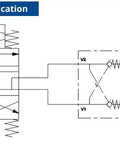 Diagram of double pilot operated hydraulic check valve with 6 SAE ports, 11 GPM flow in typical cylinder application.