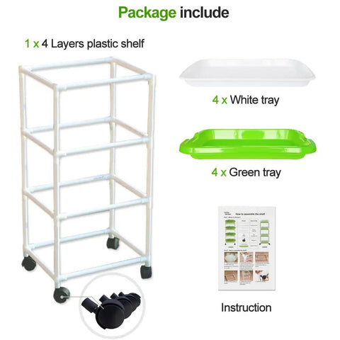 Package contents of Four Tier Sprout Tray Set With Heavy Duty Plastic Shelf For Soil Free Wheatgrass Seeds Grower And Storage Trays For Garden Home Office