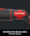 Corded Oscillating Tool Kit With 3 Amp Power, close-up of red and black contoured handle with comfort grip design