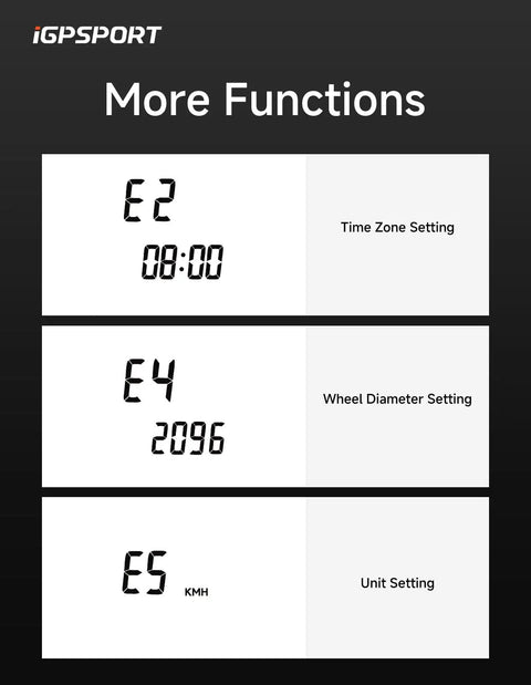 GPS Bike Computer With Wireless Connectivity And 2.6 Inch LCD Display settings for time zone, wheel diameter, and units.