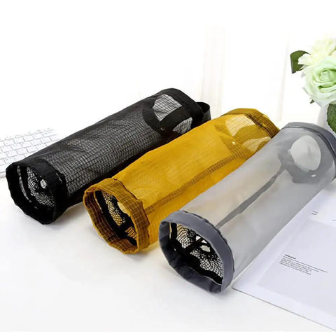 Black and colored mesh bag holders, for grocery plastic bags, space-saving organizers. Hanging Mesh Bag Holder Dispenser For Plastic Grocery Bags, Space Saving Organizer With Elastic Opening For Easy Access, Black, 2 Pack, Kitchen And Laundry Storage Solution