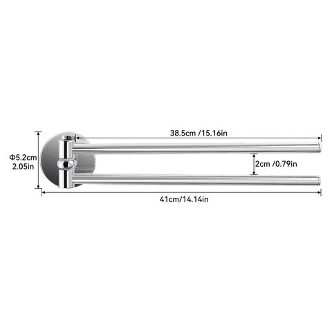 Spacious Dual Arm Swinging Towel Bar Offering Effortless 180 Degree Pivot Wall Mount Design For Quick Wet And Dry Hanging Bumper Proof Setup With Glossy Chrome Finish dimensions and measurements
