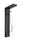 Top Shelf Matte Black Thermostatic Shower Tower Designed To Impress With Glowing LED Temp Monitor Oversized Rainfall Head side view with measurements