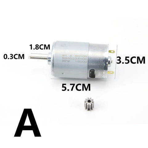 Heavy Duty 24V 200W Metal DL 555C Motor with dimensions for Kids Electric Cars, 18000 RPM, 9T variant, durable design.