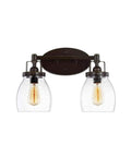 Two-light fixture with Heirloom Bronze finish, part of Four Light Wall Bath Vanity Fixture From Belton Collection, seeded glass shades.