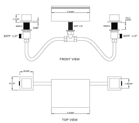 Technical drawing of Deck Mount Tub Faucet With Two Handles Waterfall Spout For Roman Tub In Chrome Finish, Quick Fill High Flow Bath Faucet ICC PMG Certified ASME A112 CSA B125 1 Certified For Bathroom Use, showing dimensions and component layout.