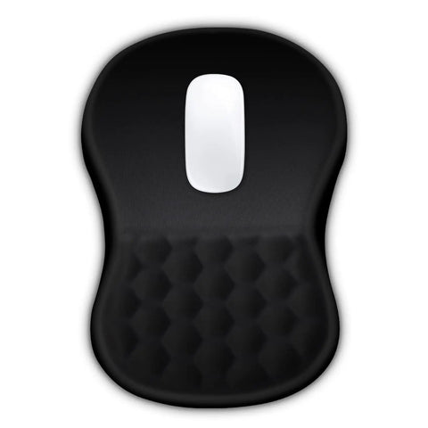 Ergonomic Mouse Pad With Wrist Support And Massage Design For Pain Relief Memory Foam Cushion Non Slip PU Base Desk Pad For Wireless Mouse 12 By 8 Inch Black, top view with massage bumps and black surface.