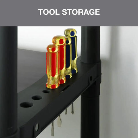 Built Tough 42 Inch Plastic Resin Four Tier Shelving Rack Featuring Easy Clean Solid Panels And A Rock Solid Seven Hundred Pound Weight Capacity for organized tool storage.