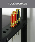 Tool storage on Heavy Duty 36 Inch Plastic Resin Shelving Unit 5 Tier Storage Rack with screwdrivers on solid shelves.