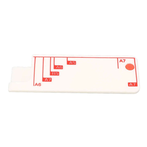 Positioning post ruler for 3 Hole Handheld Paper Punch Grab And Go, shows A4 to A7 measurements, white with red markings