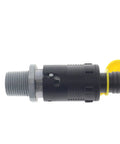 Side view of an oil drain valve with tube and cap for lawn mowers, showing three eighths by eighteen NPTF threads and quarter turn mechanism.