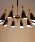Twelve Head Aluminum Pendant Lamp For Dining Room Modern Hanging Chandelier Fixture Ultra Sleek Design with black shades and gold accents.