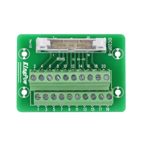 Must-Have IDC Breakout Board 2x10 20 Pin Male Header Terminal Block Connector With 2.54mm Pitch, FRC Flat Ribbon Cable Compatible, Connect Arduino Uno Pins To Peripherals, Includes DIN Rail Mount Carrier And Mounting Screws. green PCB 2x10 IDC breakout board with screw terminal blocks and 20-pin header