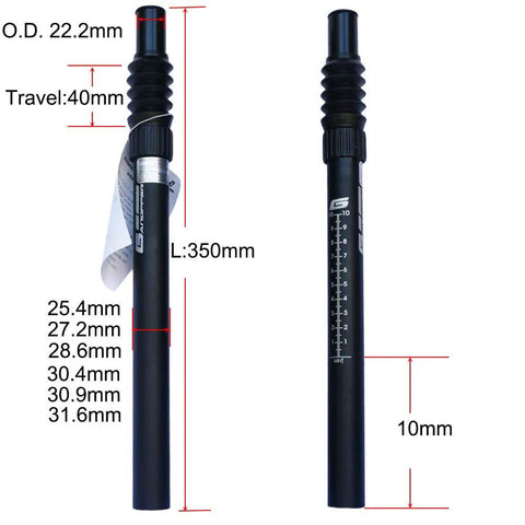 25.4mm Seatpost Suspension With Spring For Fixie BMX And Road Bikes, Shock Absorber Seat Post, Durable Alloy Pillar, dimensions displayed