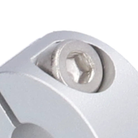 Heavy Duty Clamp Style Shaft Collars Are Totally Solid For Robotics And Engineering Work High Strength Aluminum Alloy For Axle Fixing Zero Hassle Setup Is Easy Peasy 5 Pack Size Fits Any Tough Project You Have To Complete Now. close-up of aluminum shaft collar clamp screw