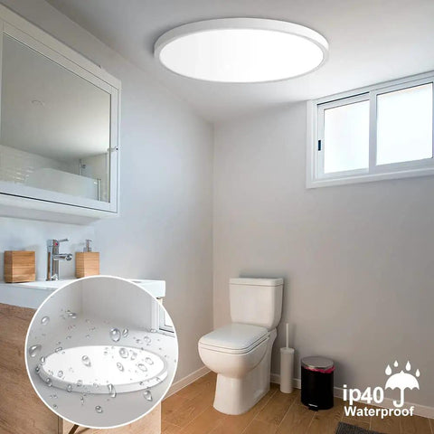 12 Inch LED Flush Mount Ceiling Light Black 5000K Daylight White 24W 240W Equivalent, shown in a modern bathroom setting