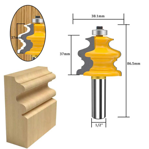 Half Inch Shank Router Bits Set Five Piece Pro Grade For Architectural Picture Frame Molding Cabinet Wood Milling And Miter Work Carbide CNC Cutting Tools For Doors And Tables showing detailed dimensions of a single router bit with close-up on wood molding profile.