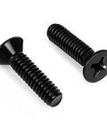 Heavy Duty Flat Countersunk Machine Screws Phillips Drive Hella Tough 304 Stainless Steel Corrosion Proof Black Finish One Hundred Piece Gear Up Kit With Driver Bit two black screws showing sides and heads.