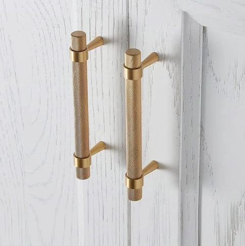 2 Pack Solid Brass Cabinet Pulls 5 Inch Hole Centers Gold Knurled Textured Bar Handles installed on white cabinet doors