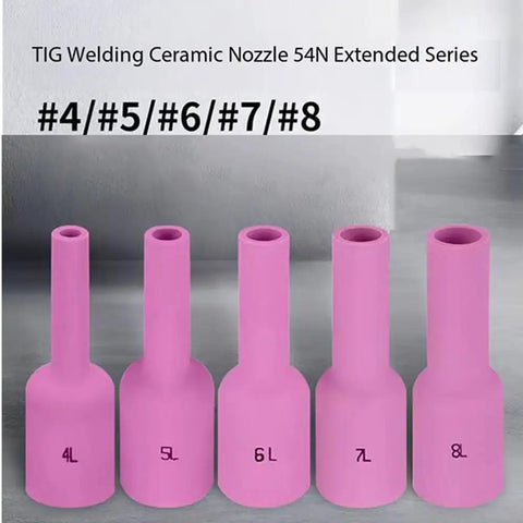Premium Long Alumina Ceramic Nozzle Cup Set For TIG Welding With Gas Lens Kit #4 #5 #6 #7 #8 in pink ceramic material.