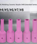Get Ready With This Awesome 10-Piece Ceramic Cup Kit For Gas Lens TIG Welding Torch Setup, Featuring Premium Alumina Cups In Various Sizes Perfectly Suited For WP-17-26 Machines Like The 45V Series And Delivering That Clean Precision You Crave, showing pink ceramic nozzles #4-#8.