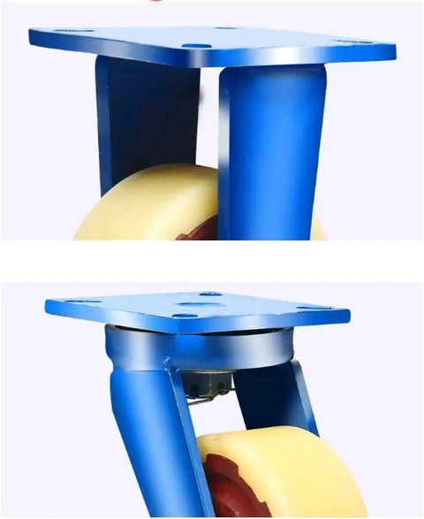 Close-up of Badass Heavy Duty Swivel Caster Wheels showcasing nylon rollers and rust-proof blue brackets for industrial use.