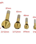 4 Piece Titanium Coated 90 Degree Countersink Drill Bits for Rock Solid Wood Chamfering and Soft Metal Deburring in various sizes.