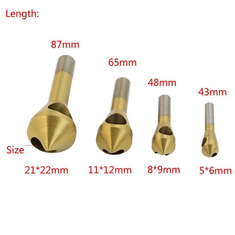 4 Piece Titanium Coated 90 Degree Countersink Drill Bits for Rock Solid Wood Chamfering and Soft Metal Deburring in various sizes.