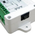 Side view of ECO-WORTHY DC motor controller kit; white housing, green screw-terminal block, and black rocker switch.