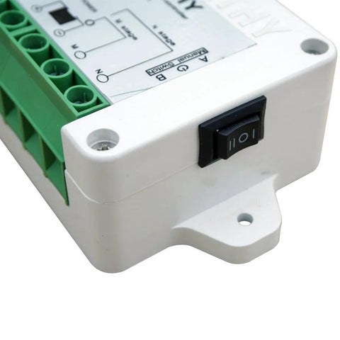 Side view of ECO-WORTHY DC motor controller kit; white housing, green screw-terminal block, and black rocker switch.