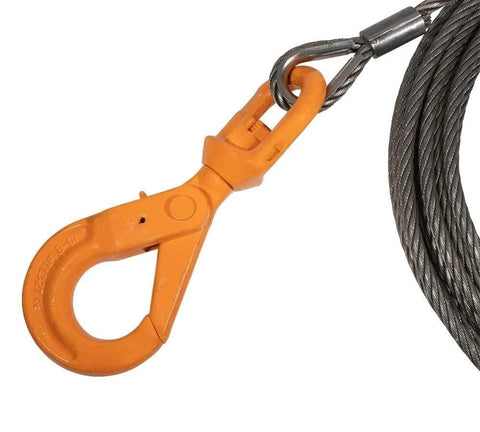 Orange hook and steel wire of Two Ton Snatch Block With Chain For Car Carrier And Three Eighths Inch By One Hundred Foot Winch Cable With Steel Core Rope