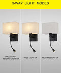 Plug In Black Wall Sconce With USB Port For Charging, bedside reading lamp in farmhouse style, showing 3-way light modes.
