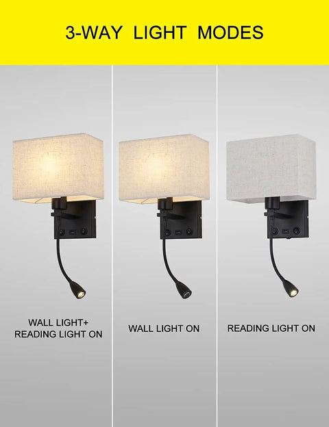Plug In Black Wall Sconce With USB Port For Charging, bedside reading lamp in farmhouse style, showing 3-way light modes.