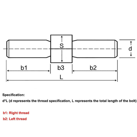 Diagram of Left And Right Thread Double End Stud Bolts Kit In 304 Stainless Steel, showing dimensions and thread directions.