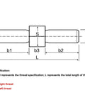 Technical diagram of set screws assortment kit with left and right thread double end stud bolts in 304 stainless steel, dimensions labeled.