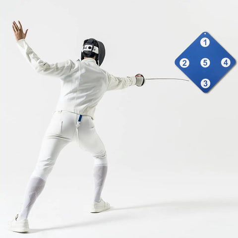 Fencer using Five Target Fencing Practice Pad For Foil And Epee Wall Mounted Striking Target Gear For Home Gym Training Improve Muscle Memory Point Control Speed And Accuracy For Men And Women, five numbered targets visible