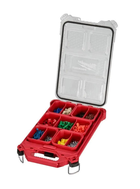 Packout Compact Low-Profile Tool Organizer With Transfer Tank Storage, open displaying compartments with various small parts