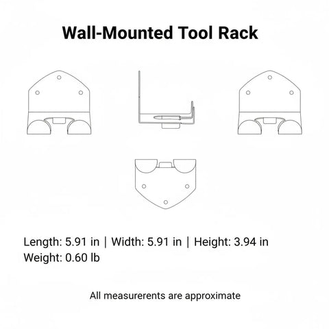 Diagram of Orange Metal Wall Mounted Tool Rack for Small Garages, space-saving design with dimensions, sleek wall mount system.