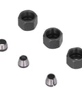Six Pack 1/4 to 1/8 Collet Adapters for CNC Lathe, Router, and Milling Cutters with screws and nuts shown in close-up