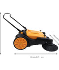 Workhorse Walk Behind Outdoor Sweeper profile view with dimensions showing 41-inch width and 55L debris capacity for outdoor cleaning.