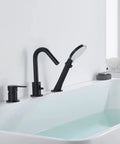 Black Roman Tub Faucet Set With Hand Shower 3 Hole Deck Mount Bath Fixture Spout Diverter Pull Out Sprayer CUPC Certified Lead Free Materials Modern Black Finish installed on a white bathtub.